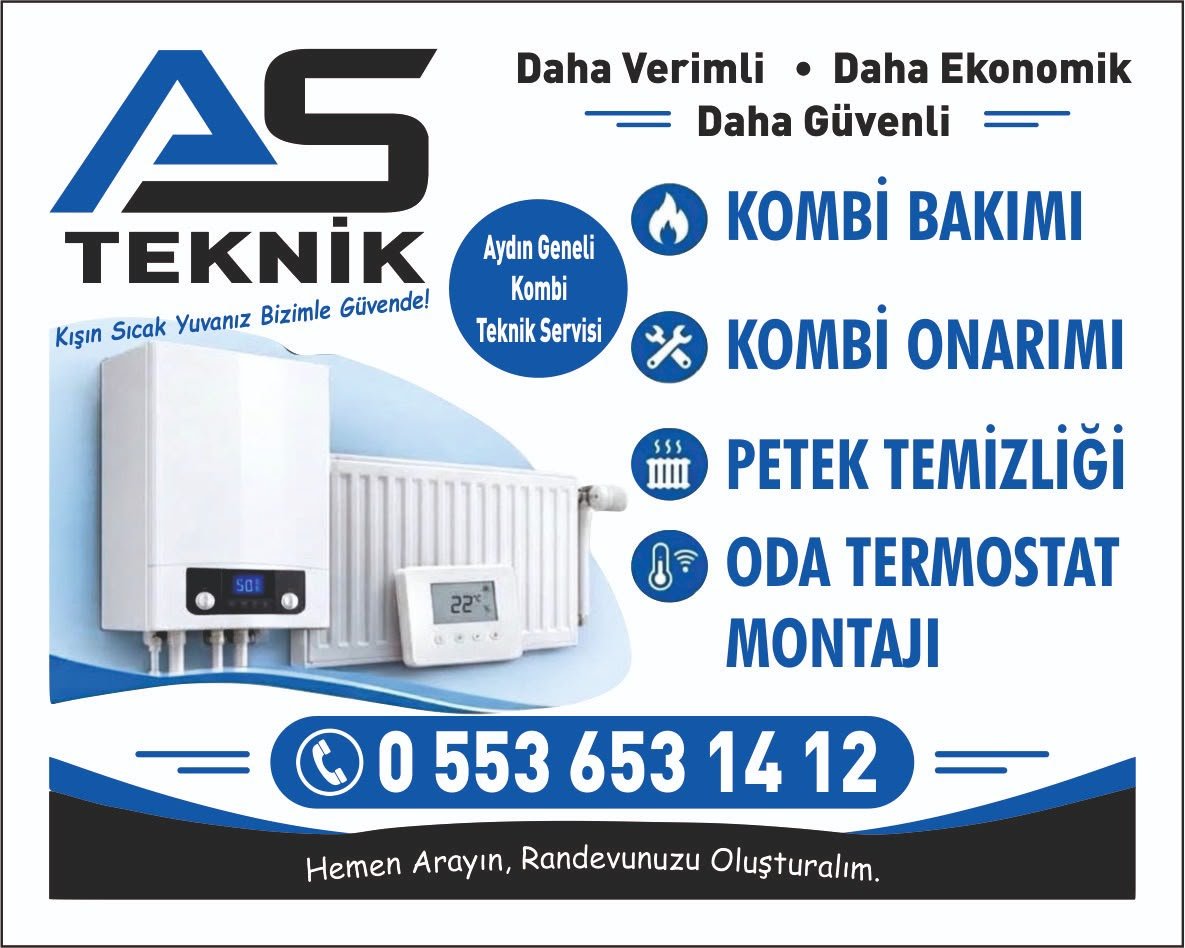 AS Teknik afişi: kombi bakımı, kombi onarımı, petek temizliği, oda termostatı montajı. Telefon 0 553 653 14 12